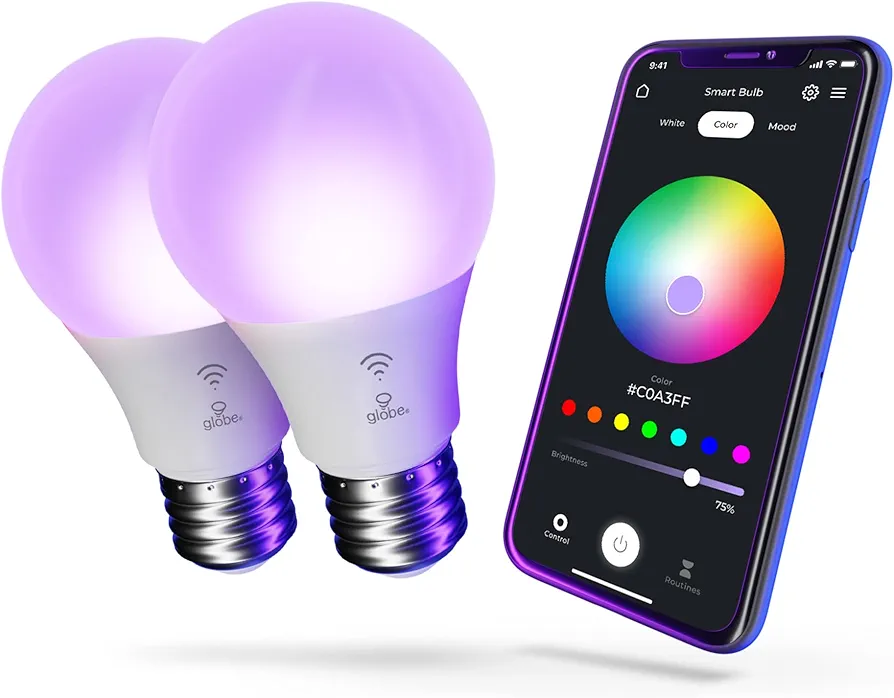 Globe Electric 34207 Wi-Fi Smart 10 Watt (60W Equivalent) Multicolor Changing RGB Tunable White Frosted LED Light Bulb 2-Pack, No Hub Required, Voice Activated, 2000K - 5000K, A19 Shape, E26 Base