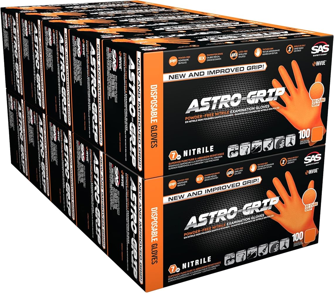 SAS Astro-Grip Powder-Free Exam Grade Nitrile Disposable Gloves - 10 Boxes / 100 Each, Orange, 7 Mil