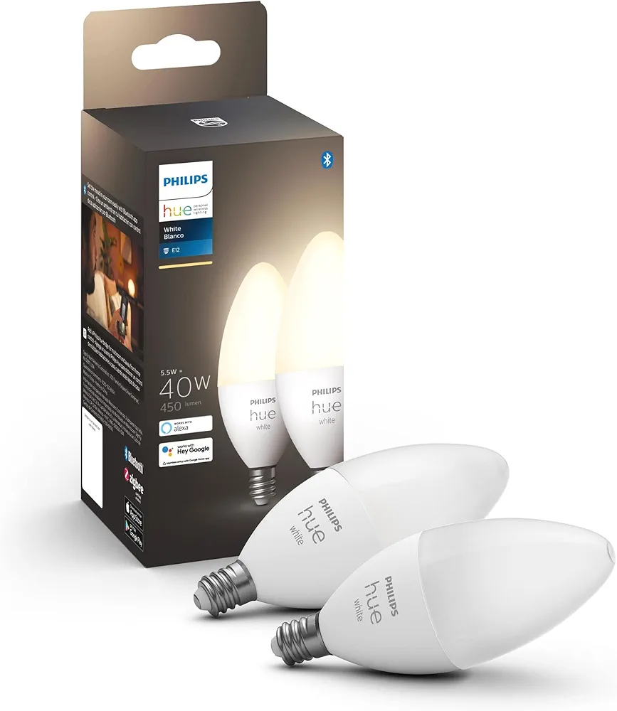 Philips Hue Smart 40W B39 Candle-Shaped LED Bulb - Soft Warm White Light - 2 Pack - 450LM - E12 - Indoor - Control with Hue App - Works with Alexa, Google Assistant and Apple Homekit