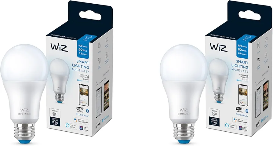 WiZ 60W A19 Dimmable Daylight (5000K) LED Smart Bulb - Pack of 2-800 Lumen - E26 - Indoor - Connects to Your Existing Wi-Fi - Control with Voice or App - Activate with Motion - Matter Compatible