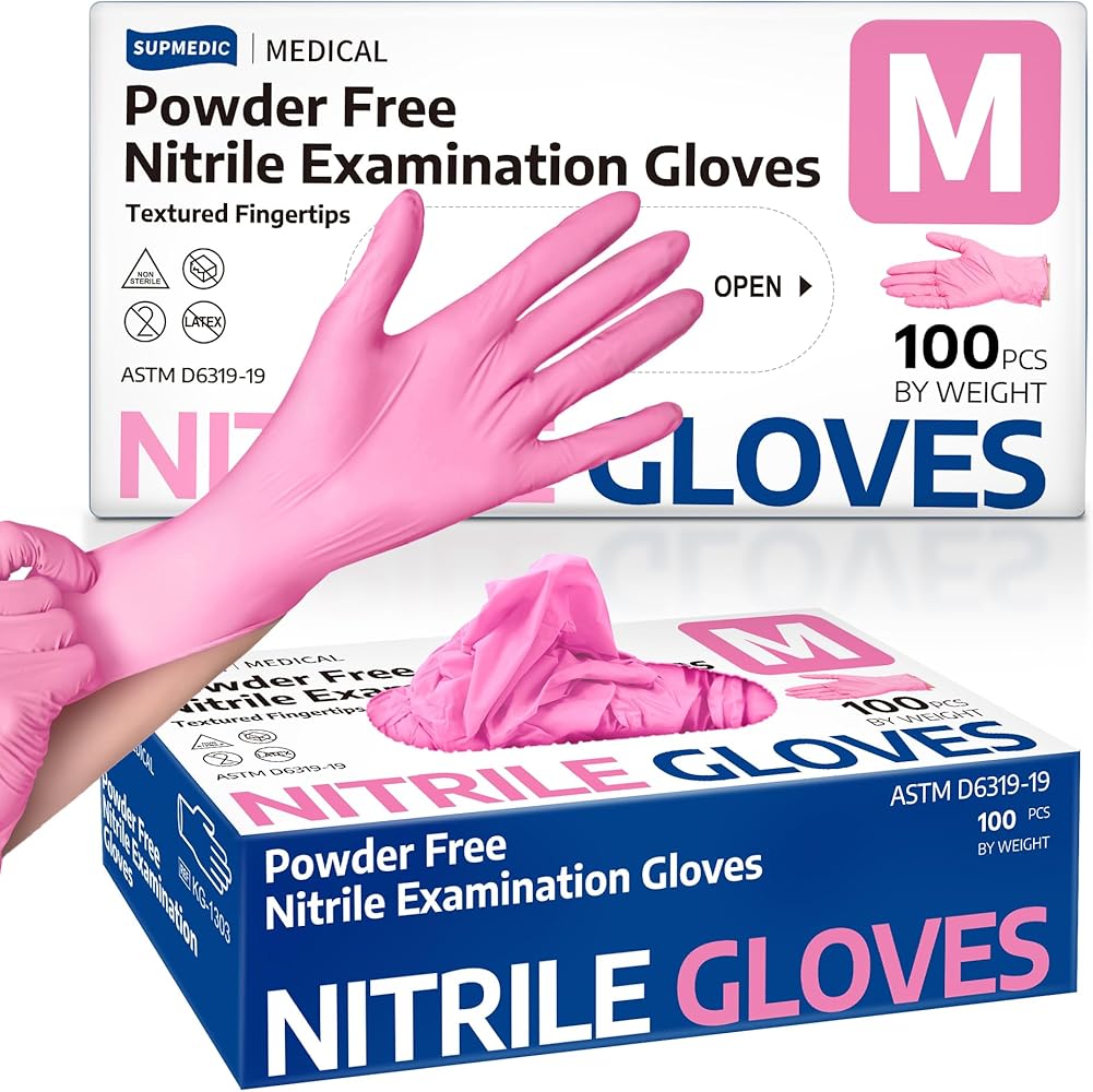 Medical Nitrile Exam Gloves, 3.5 mil Pink Powder-Free Food-Safe Disposable Glove for Cleaning & Esthetician, 100 Pcs