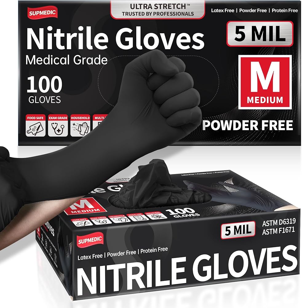 Disposable Nitrile Exam Gloves, 5 Mil Chemical Resistant Powder-Free Non-Sterile Food Safe Medical Glove, Black