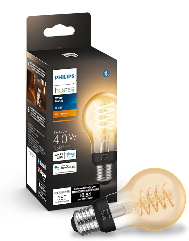 Philips Hue Smart 40W A19 Filament LED Bulb - Soft Warm White Light - 1 Pack - 550LM - E26 - Indoor - Control with Hue App - Compatible with Alexa, Google Assistant and Apple Homekit.