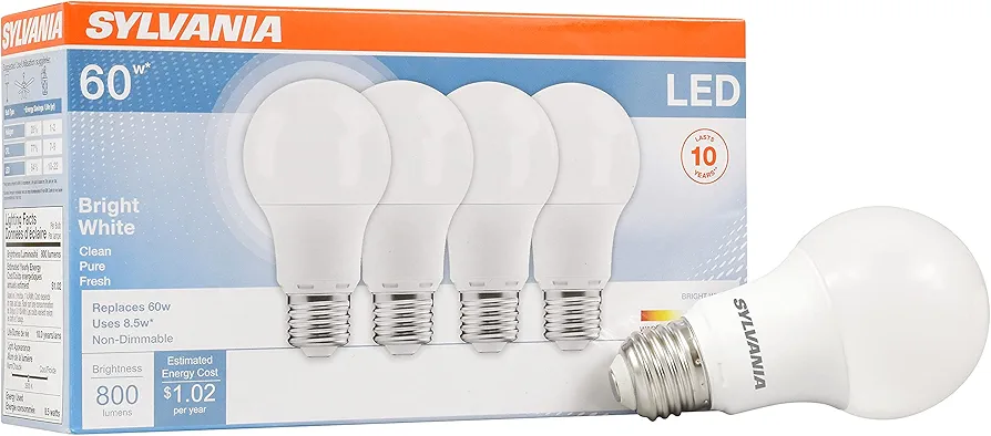 SYLVANIA LED Light Bulb, 60W Equivalent A19, Efficient 8.5W, Medium Base, Frosted Finish, 800 Lumens, Bright White - 4 count (Pack of 1) (79704)