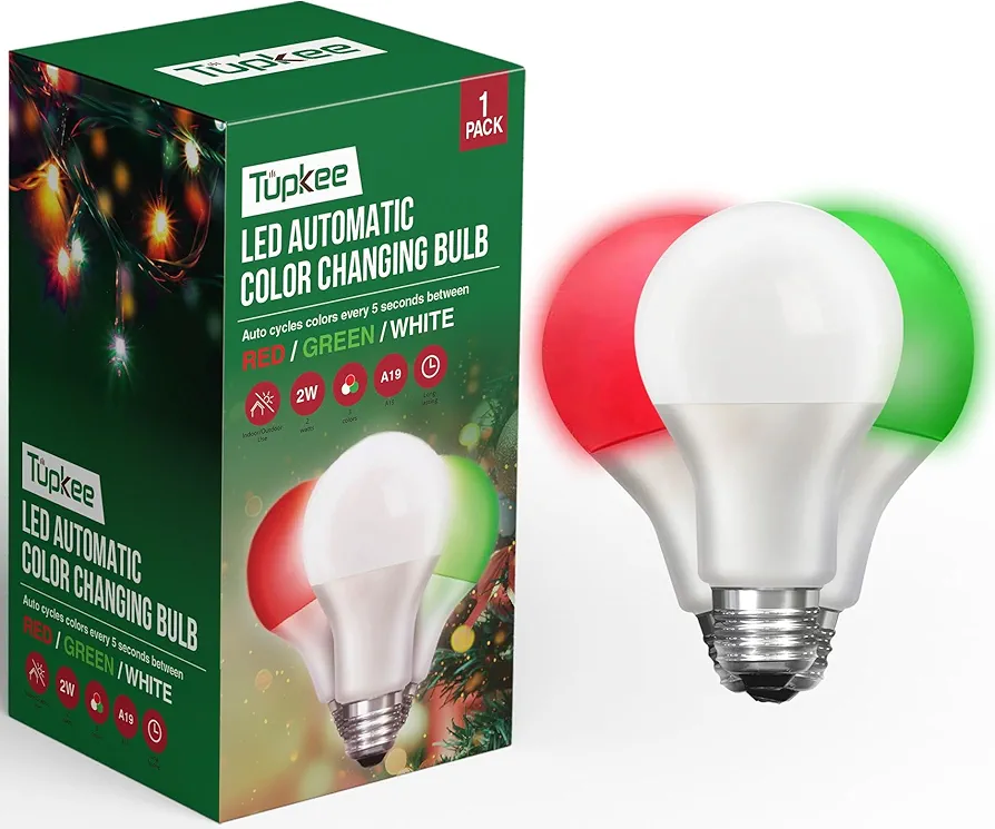 Tupkee LED Automatic Color Changing Bulb - Automatically Cycles Between Red/Green/White Every 5 Seconds – A19, E26, 2-Watt Christmas Porch LED Light Bulb Holiday Decoration