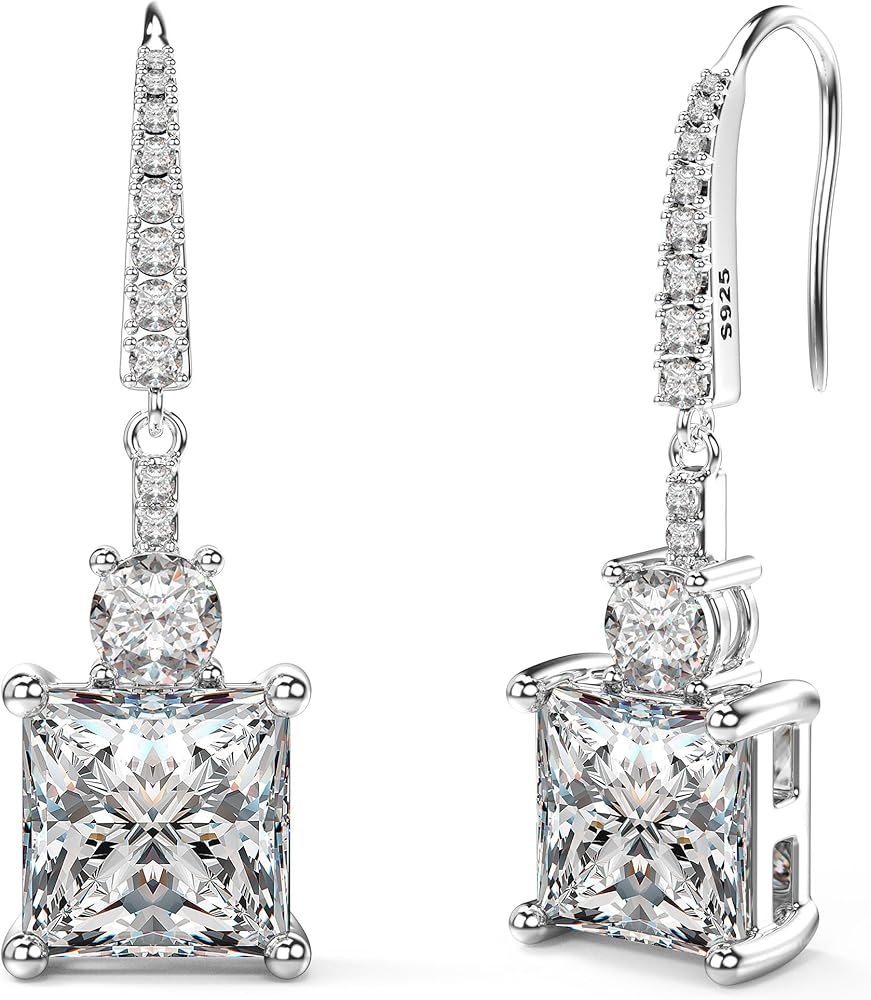 18K White Gold Plated Sterling Silver Square Princess Cut Cubic Zirconia Dangle Earrings for Women CZ Diamond Drop Dangling Earrings for Women Hypoallergenic