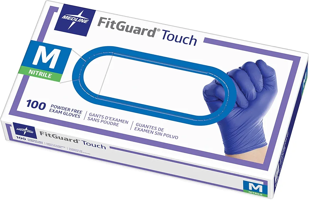 Medline FitGuard Touch Nitrile Exam Gloves, Disposable, Powder-Free, Cobalt Blue, Medium, Box of 100