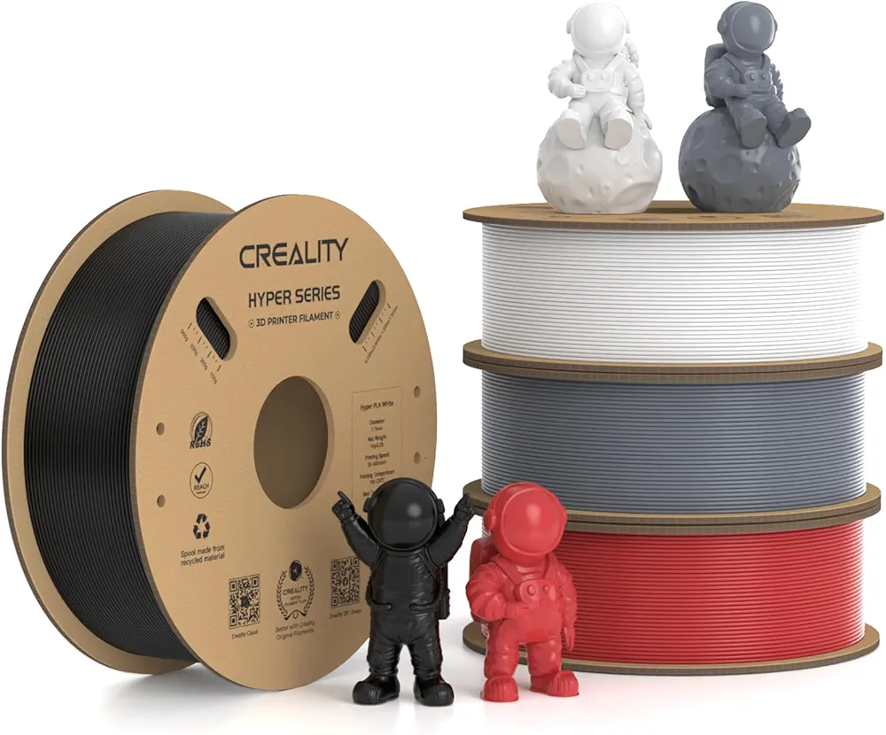 Creality Hyper PLA Filament 1.75mm, 30-600mm/s High Speed 3D Printer Filament, Dimensional Accuracy +/-0.02mm, Fit Most FDM 3D Printers, 4 Pack 1kg Spool(2.2lbs), Black & White & Grey & Red