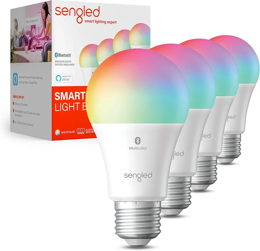 Sengled Light Bulb, S1 Auto Pairing with Alexa Devices, Color Changing , Smart Light that Work with , Bluetooth Mesh Smart Home Lighting, E26 60W Equivalent, 800LM, 4 Count (Pack of 1)