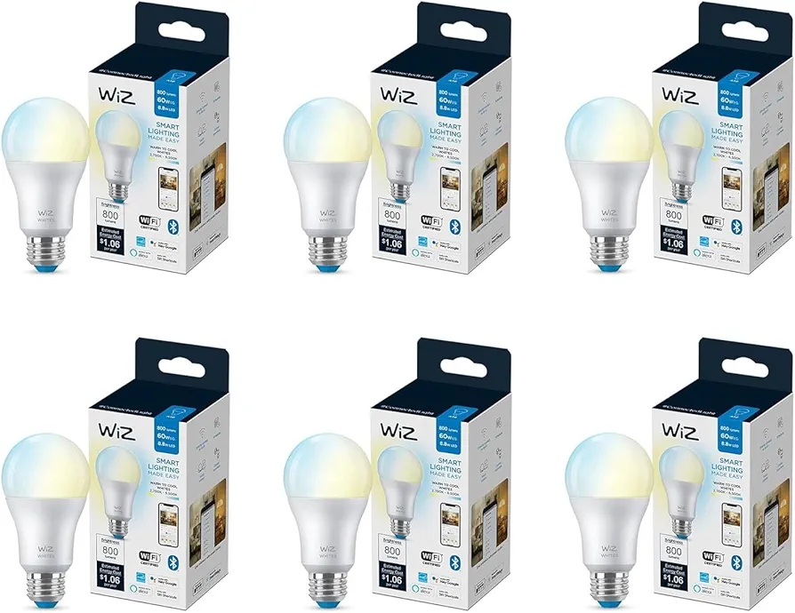 WiZ 60W A19 Tunable White LED Smart Bulb - Pack of 6 - E26- Indoor - Connects to Your Existing Wi-Fi - Control with Voice or App + Activate with Motion - Matter Compatible