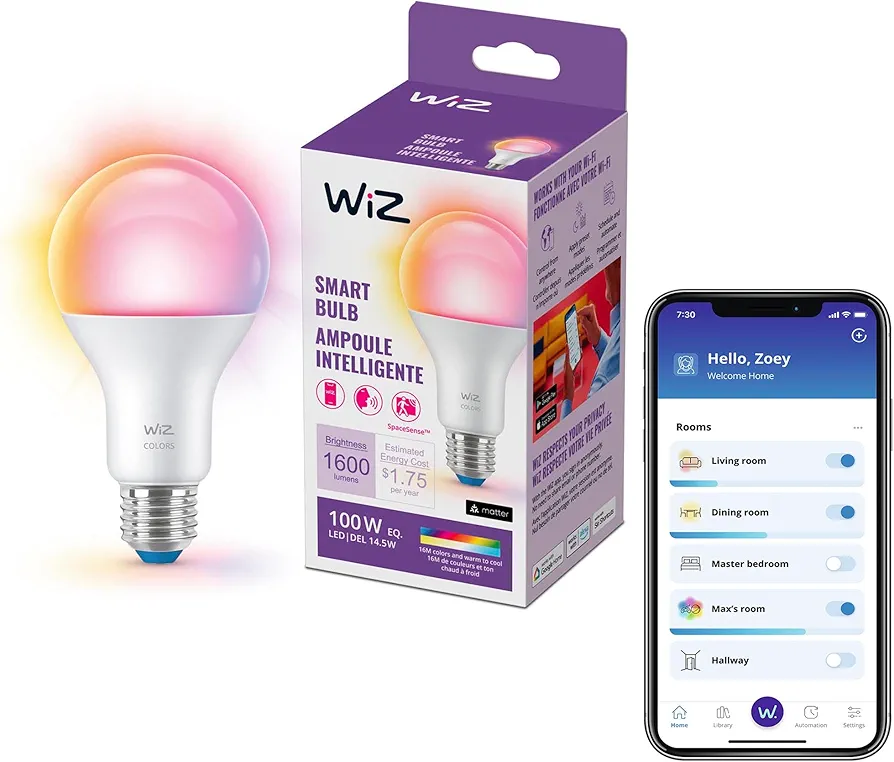 WiZ Connected 100W A21 LED Smart Light Bulbs - Connects to Your Wi-Fi - E26 Smart Bulb - Control with Voice or App + Activate with Motion - Matter Compatible - 1 Pack