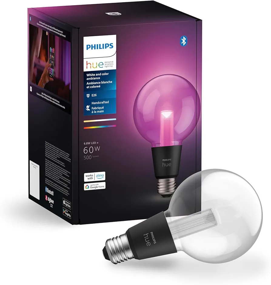 Philips Hue Lightguide G95 Small Globe Smart LED Bulb – Handblown Glass - Color Changing Light - Compatible with Amazon Alexa, Apple HomeKit and Google Assistant - Bluetooth and Hue Bridge Compatible