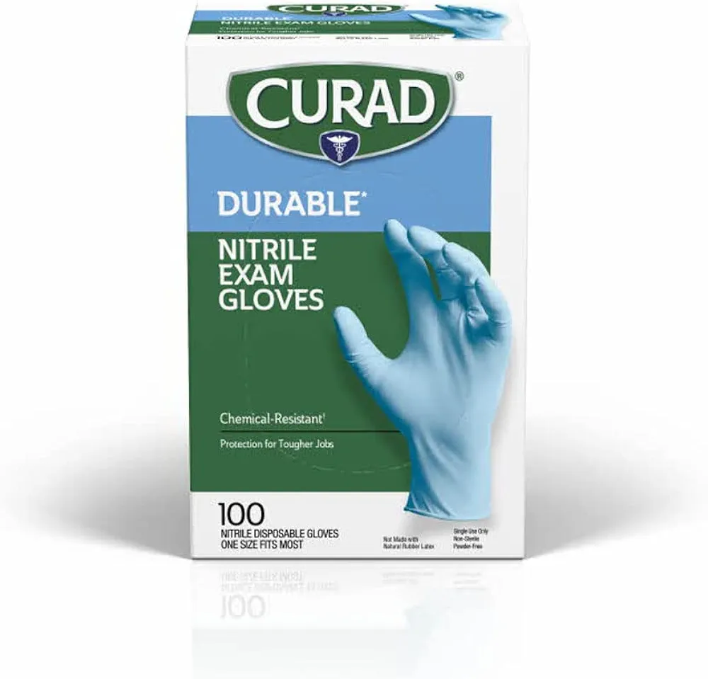 Curad Nitrile Exam Gloves, Durable, Powder Free, Chemical Resistant, One Size Fits Most, 100 Count