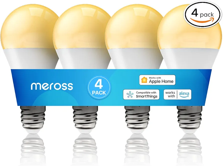 meross Smart Light Bulb, Dimmable Wi-Fi LED Bulb Compatible with Apple HomeKit, Siri, Alexa, SmartThings, A19 E26 Warm White 2700K, 810 Lumens 9W 60W Equivalent, No Hub Required, 4 Pack