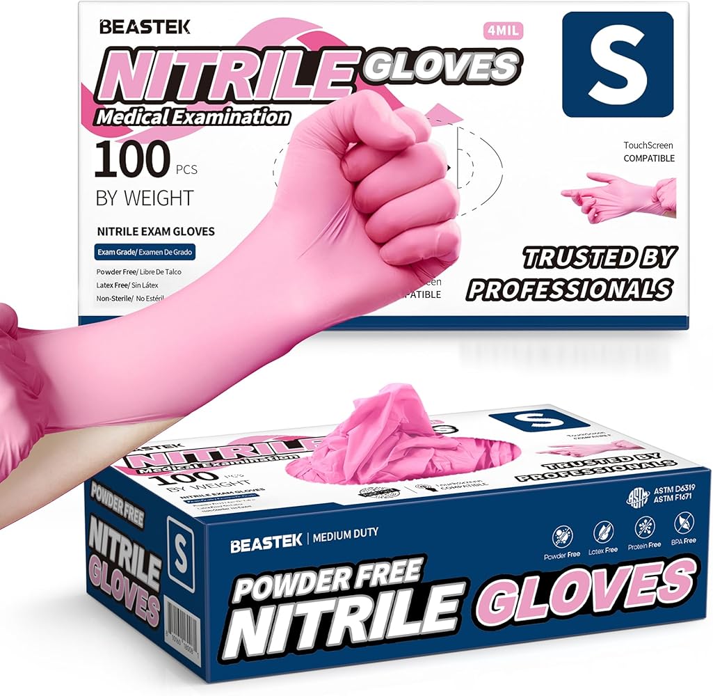 Pink Nitrile Exam Gloves, 4.0 Mil 100 Pcs Disposable Gloves Powder-Free Latex-Free for Medical Food-Safe Esthetician