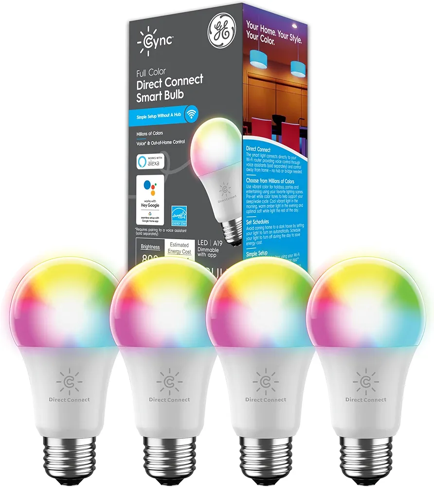 GE Lighting CYNC Smart LED Light Bulbs, Full Color, Bluetooth and Wi-Fi Enabled, Compatible with Alexa Google Home, A19 Bulbs (Pack of 4), CLEDA199CD1/BSS-4SIOC