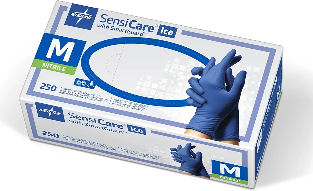 Medline SensiCare Ice Blue Nitrile Exam Gloves, 250 Count, Medium, Powder Free, Disposable, Not Made with Natural Rubber Latex, Multi-use for Every Task