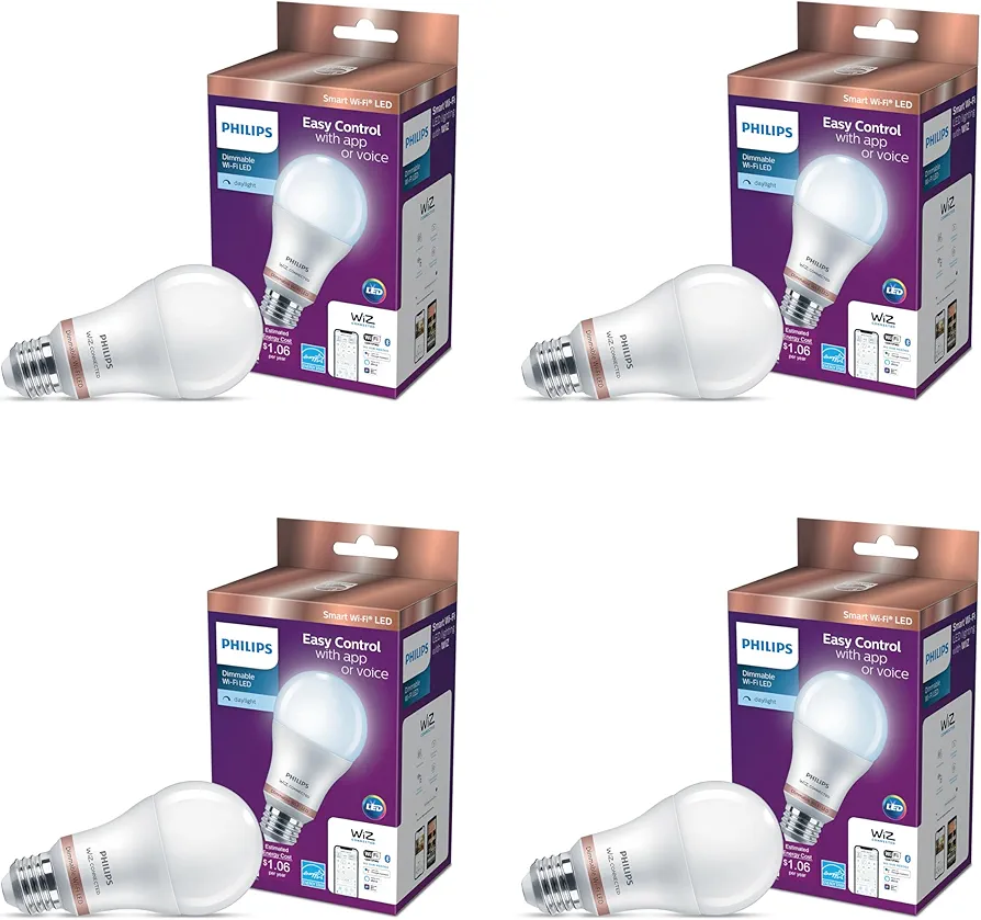 PHILIPS 60-Watt Equivalent A19 LED Daylight (5000K) Smart Wi-Fi Light Bulb Powered by WiZ with Bluetooth (4-Pack)