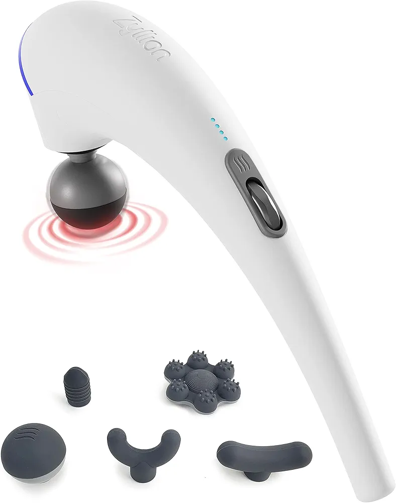 Zyllion Handheld Back and Neck Massager - Cordless Rechargeable Electric Vibrating Deep Tissue Massage with Heat for Athletes, Recovery and Muscle Pain Relief - White (ZMA-27-WT)