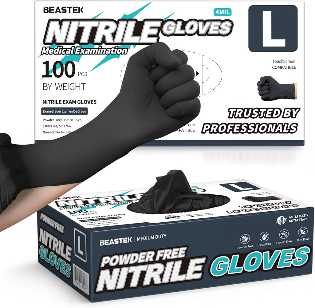 Black Nitrile Exam Gloves, 4.0 Mil, 100 Pcs Disposable Gloves Powder-Free Latex-Free for Medical, Cooking, Food-Safe