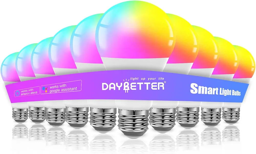 DAYBETTER Smart Light Bulbs, Alexa Light Bulbs, Smart Bulbs that Work with Alexa and Google Assistant, Color Changing Light Bulb, RGBCW WiFi & Bluetooth Dimmable LED Light Bulb, A19 E26 800LM, 10 Pack