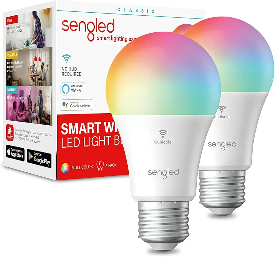 Sengled Smart WiFi Light Bulbs That Work with Alexa & Google Home, No Hub Required, LED Light Bulb A19 Soft White Light (2700K), Multicolor (Pack of 2)