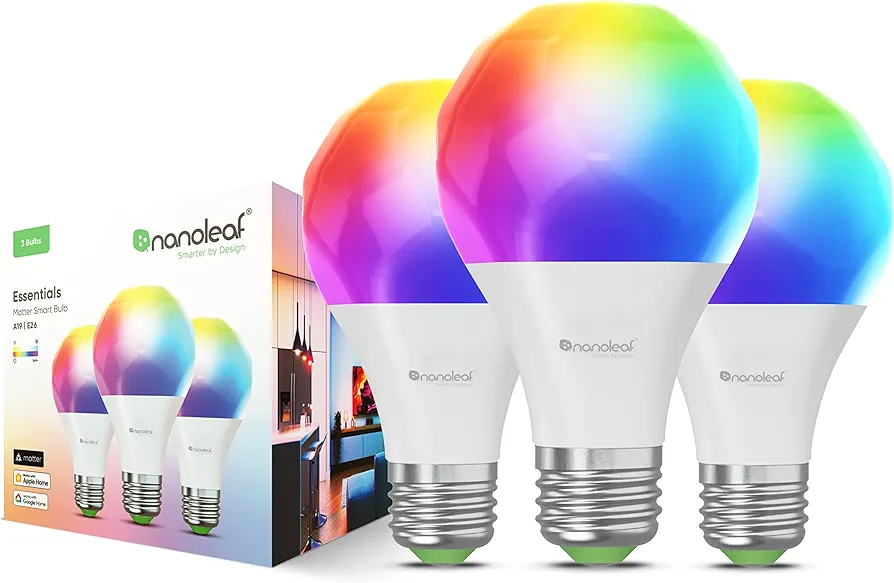 Nanoleaf Essentials Smart LED Color-Changing Light Bulb (60W) - RGB & Warm to Cool Whites, App & Voice Control (Works with Apple Home, Google Home, Samsung SmartThings) (Matter A19 (3 Pack))